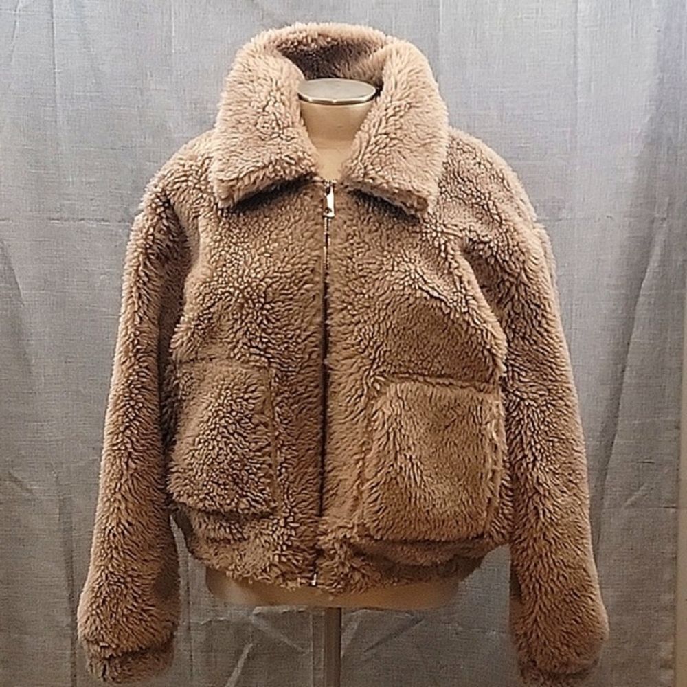 Avec Les Filles Teddy Sherpa fleece Bomber Collared SZ L- Women's Jacket Tan